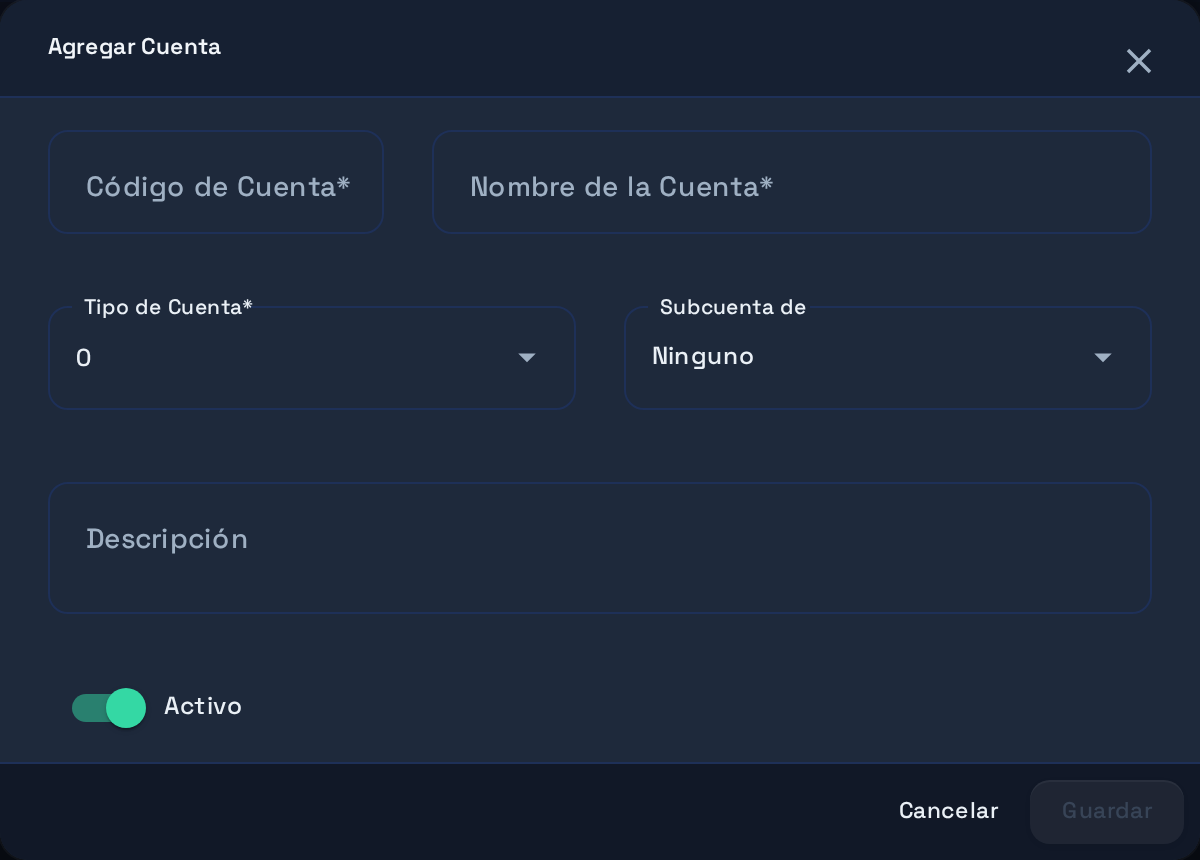 Formulario de alta de cuenta mostrando naturaleza, tipo y código agrupador SAT