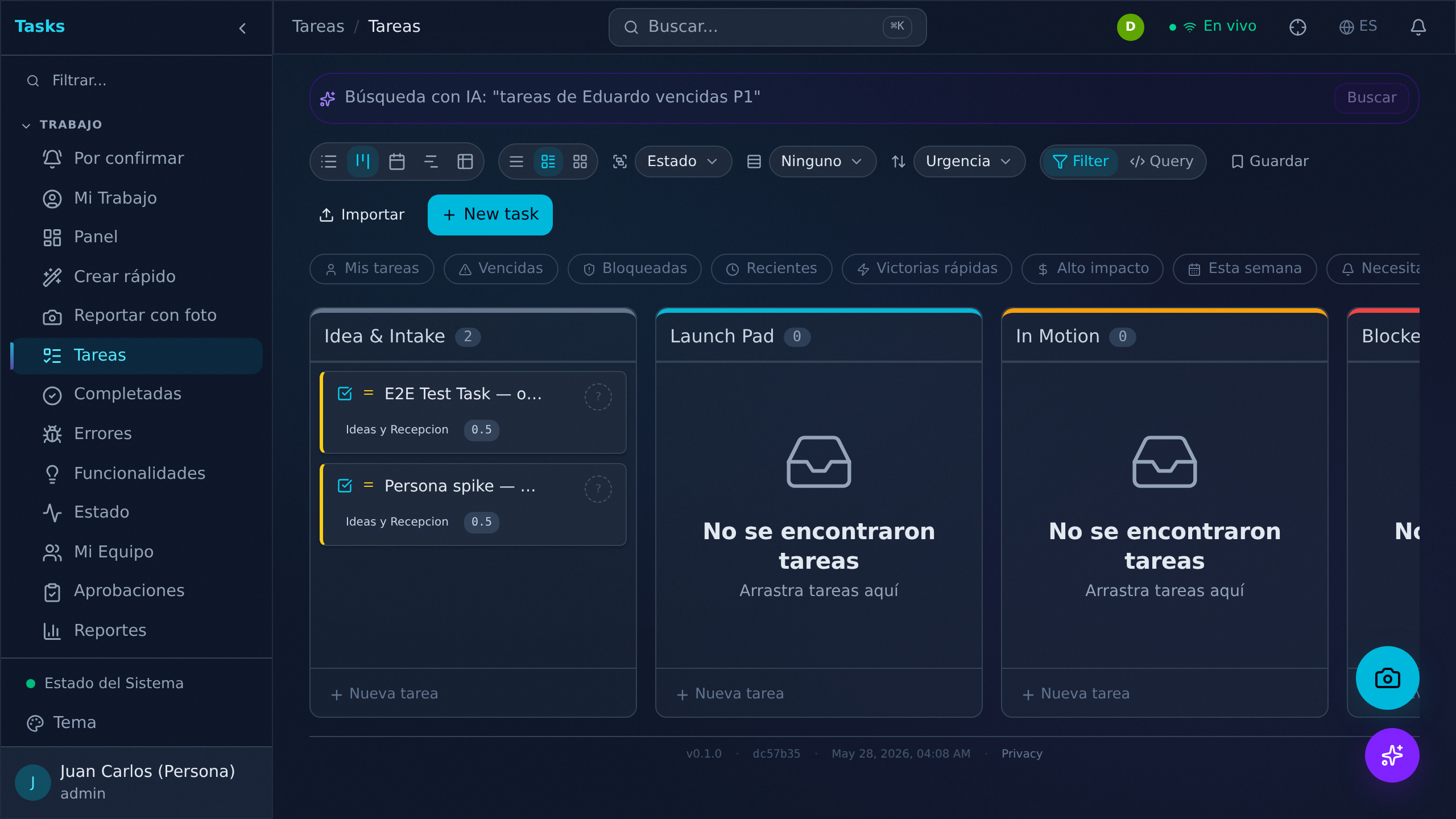 Botón Nueva tarea destacado en la esquina superior derecha de la lista
