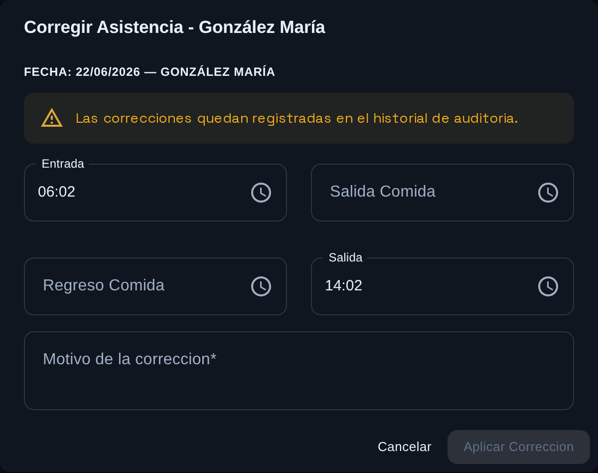 Formulario de checada manual con tipo de evento, fecha y hora exactas
