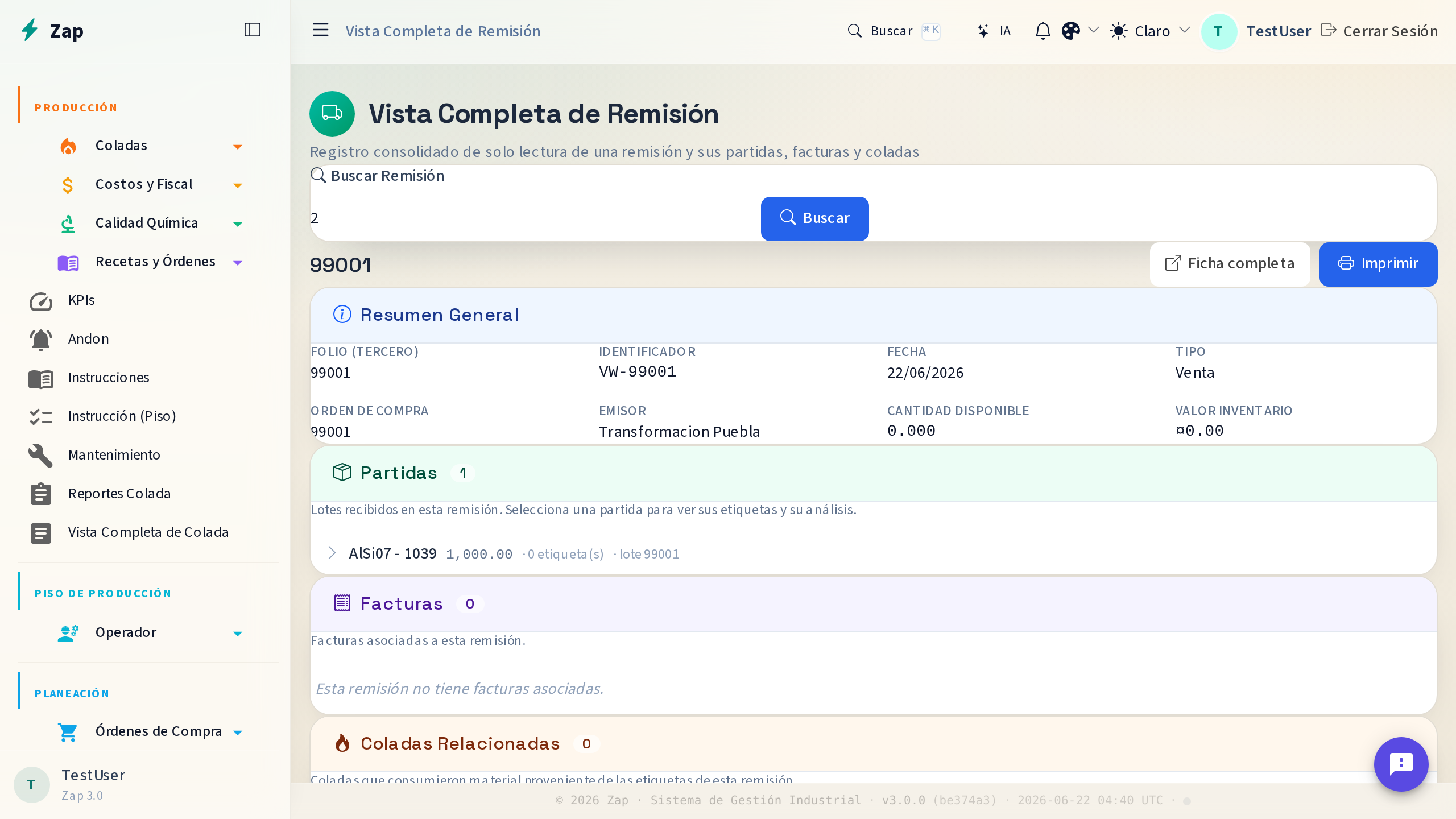 Remisión generada mostrando partidas, pesos y el certificado de calidad adjunto